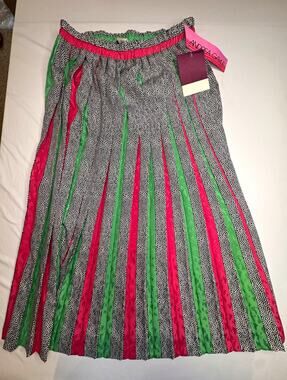 Andrea Gayle Women's Midi Pleated Skirt Pull On Elastic Waist M Black Green Pink